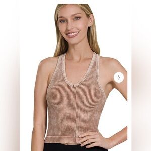 Zenana Outfitters Ribbed V-Neck Crop Tank in Light Brown
